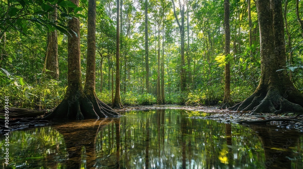 Lush forest with reflective water, showcasing nature's tranquility and beauty. Lush forest with reflective water, showcasing nature's tranquility and beauty.