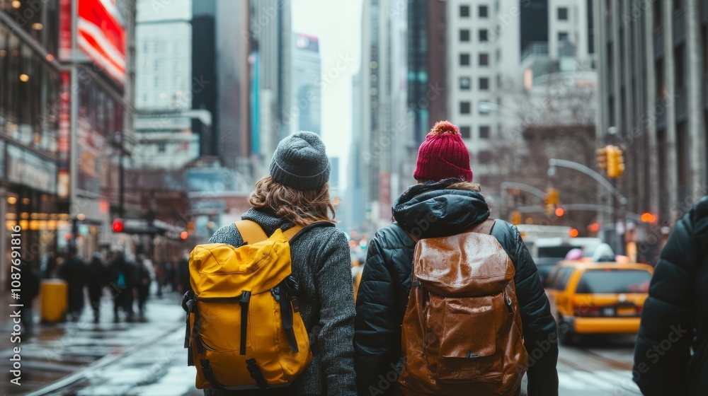 Couple of tourists walking in a city street Couple of tourists walking in a city street