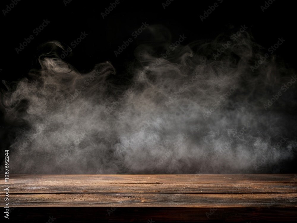 An empty wooden table with smoke gently rising against a dark background, creating a mysterious and atmospheric scene. An empty wooden table with smoke gently rising against a dark background, creating a mysterious and atmospheric scene.