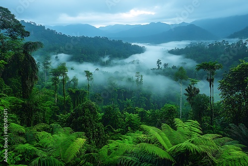 Scenery of mountains under mist in the morning in Thailand. Content contains noise, film grain, compression artifacts, pixelation. Main subject is not in focus due to camera shake, motion blur.
 photo