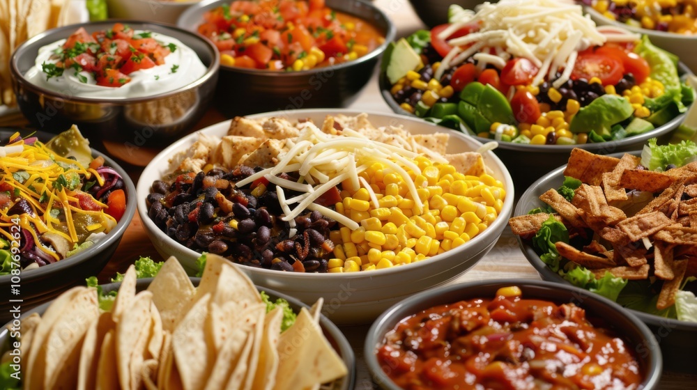 A festive taco salad platter featuring options like grilled chicken, black beans A festive taco salad platter featuring options like grilled chicken, black beans