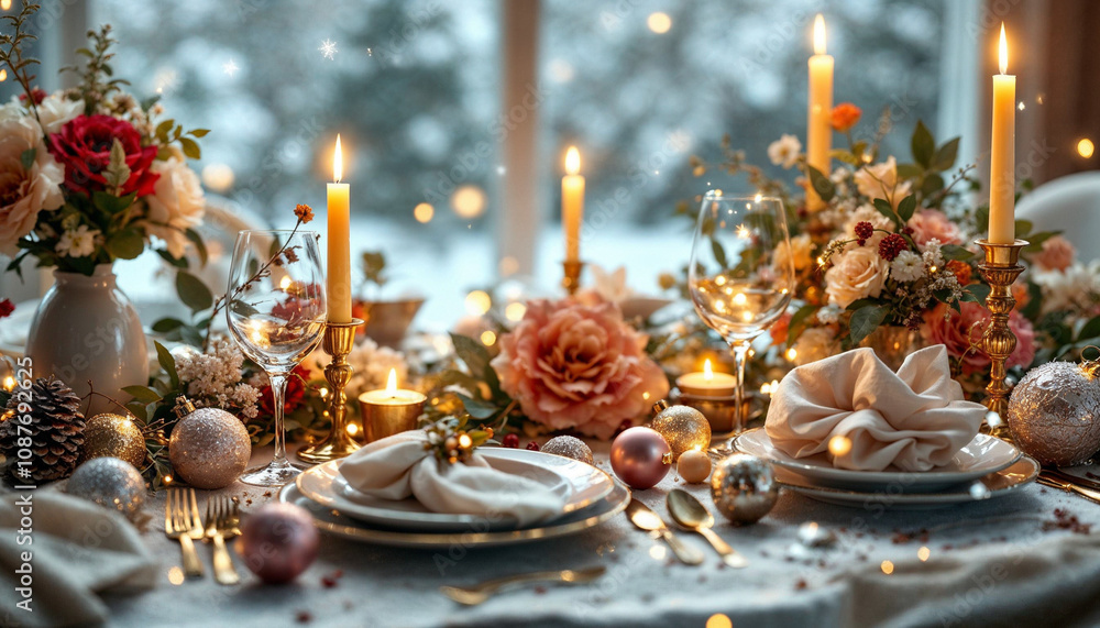 Lavish New Year’s brunch with florals, candles, and ornaments in a wintery setting.
Lavish New Year’s brunch with florals, candles, and ornaments in a wintery setting.