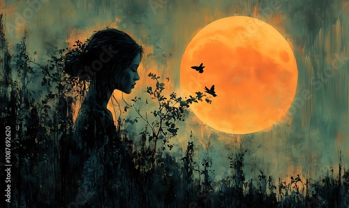 A black and white picture. The little girl sat and looked at the moon on a log by the sea on a full moon night beautifully.
