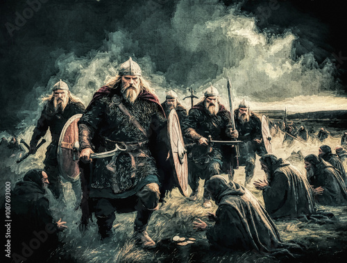 Obraz na płótnie Wikinger überfallen Lindisfarne während eines gewaltigen Sturms im Jahr 793 nach Christus w salonie
