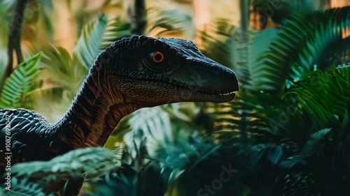 A highly detailed and realistic portrayal of a Velociraptor set within vibrant lush greenery and foliage
