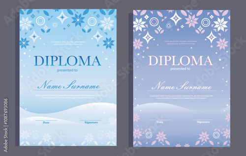 Winter diploma templates set. Kids certificate with ornamaents, snowflakes, pastel cold pink, blue, lilac colours, frozen background. Trendy sport festive design
