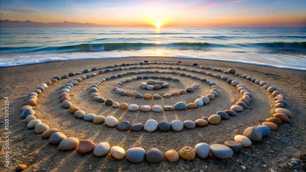 Beach with Spiral of Smooth Stones. Perfect for: Balance workshops, Harmony retreats, Peaceful art gatherings Beach with Spiral of Smooth Stones. Perfect for: Balance workshops, Harmony retreats, Peaceful art gatherings