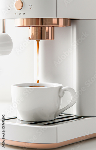 Close-up shot of espresso dripping from an espresso machine into a white coffee mug
