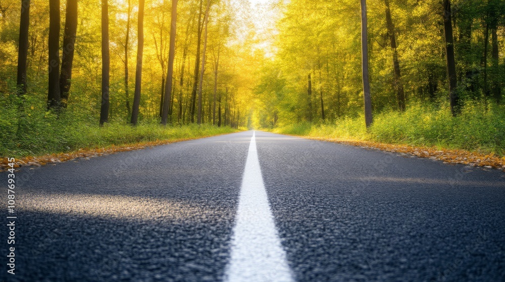 Sunlit Road Through Autumn Forest - A Scenic Drive Sunlit Road Through Autumn Forest - A Scenic Drive