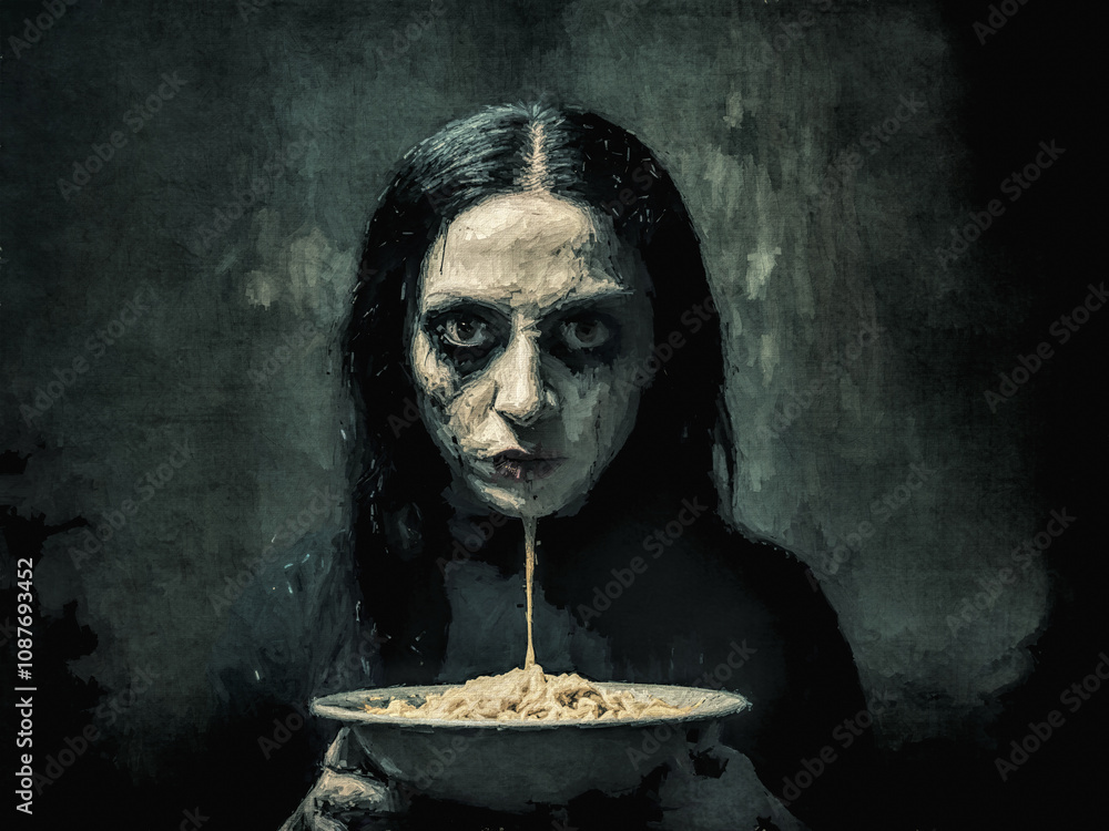 Eine unheimliche Gestalt mit blassem Gesicht hält eine Schüssel mit Spaghetti in einem düsteren Raum in der Nacht