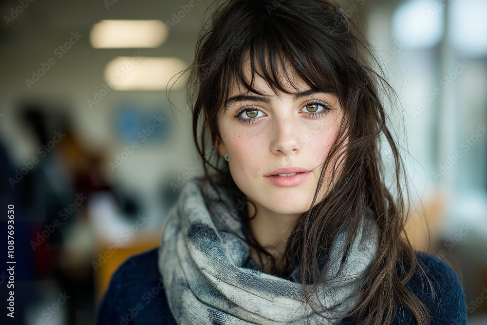 Young female visitor with dark hair wearing a scarf in a bright indoor setting Young female visitor with dark hair wearing a scarf in a bright indoor setting