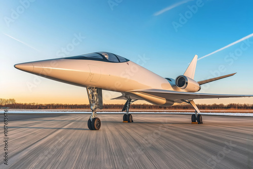 Overture aircraft parked on the runway under a bright blue sky photo