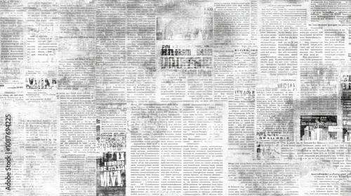 Grunge vintage background featuring the texture of aged newspaper paper with worn and weathered details.