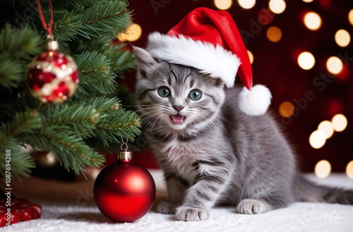 Grey kitten playing with the christmas tree and gifts, funny grey cat in red santa hat