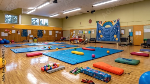 Colorful Indoor Gym with Mats and Equipment for Activities