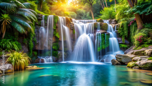 Waterfall Cascading into Serene Pool. Perfect for: Emotional healing events, Rejuvenation retreats, Waterfall meditations