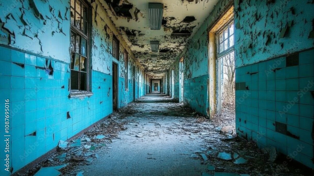 Abandoned Corridor with Peeling Walls and Blue Tiles Abandoned Corridor with Peeling Walls and Blue Tiles