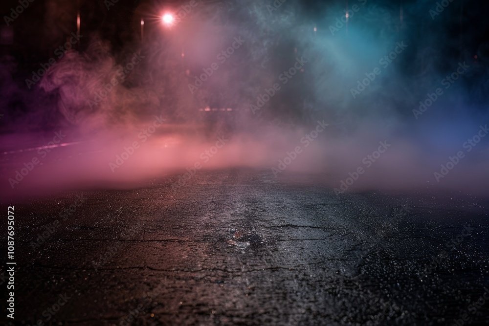 Wet asphalt reflecting neon lights and a searchlight, with smoke and smog filling the air, creating an abstract, moody atmosphere in a dark, empty street. Wet asphalt reflecting neon lights and a searchlight, with smoke and smog filling the air, creating an abstract, moody atmosphere in a dark, empty street.