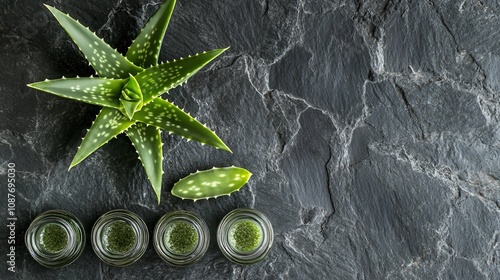 Aloe leaves arranged in a star pattern on a slate background, with small jars of aloe gel photo