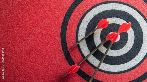 Three red arrows hit the center of a dartboard on a red background. photo