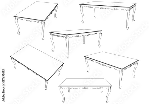 Hand-drawn collection of dining tables. Linear drawing. Isolated vector objects on white background. Collection of elegant antique furniture