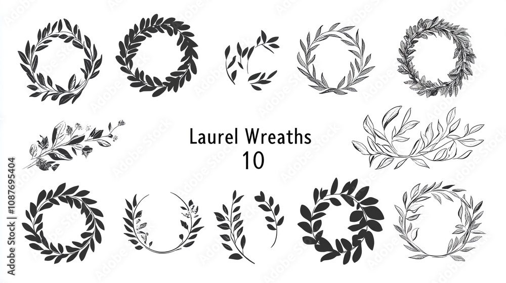 Obraz premium 10 Hand Drawn Laurel Wreaths Branches Wedding Floral Design Elements