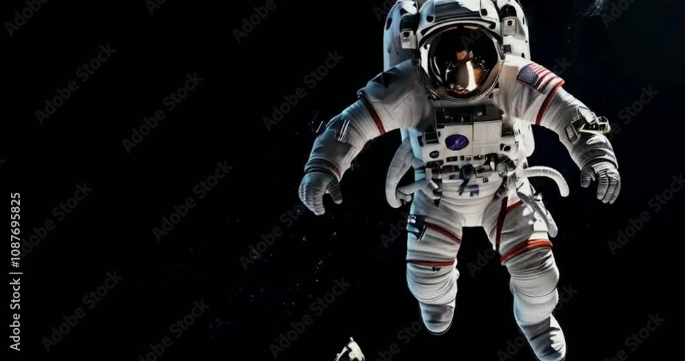 Astronaut embarking on a spacewalk against the vast, deep black backdrop of outer space video animated by AI. Astronaut embarking on a spacewalk against the vast, deep black backdrop of outer space video animated by AI.
