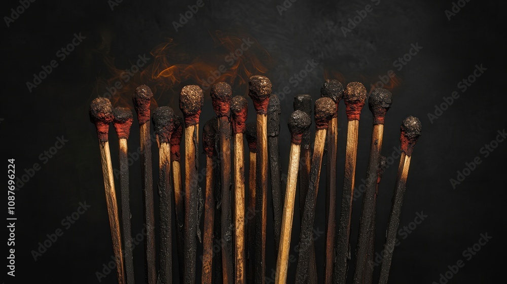 A Bunch of Burnt Matches with Smoke and a Black Background A Bunch of Burnt Matches with Smoke and a Black Background