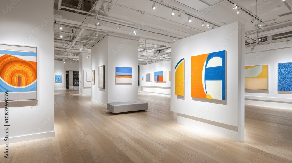 Modern Art Gallery with Colorful Paintings Displayed Modern Art Gallery with Colorful Paintings Displayed