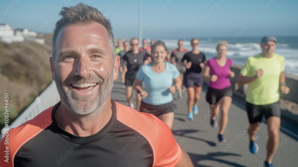 Group of Enthusiastic Runners Enjoying a Sunny Day Along a Scenic Coastal Path, Fostering Camaraderie and Fitness in a Vibrant Atmosphere Group of Enthusiastic Runners Enjoying a Sunny Day Along a Scenic Coastal Path, Fostering Camaraderie and Fitness in a Vibrant Atmosphere