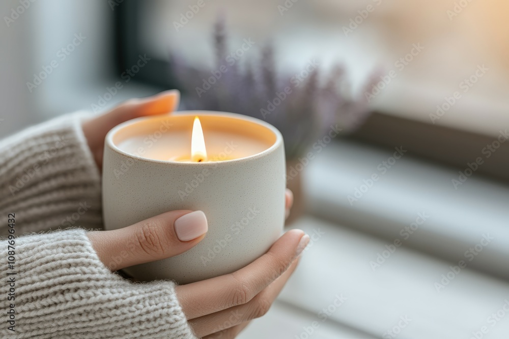 Cozy evening by the window with a warm candle and soft sweater Cozy evening by the window with a warm candle and soft sweater