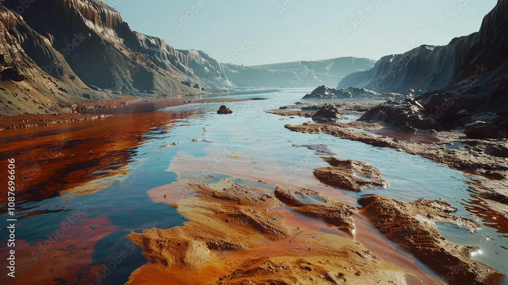 Obraz premium Mining Waste Polluting Freshwater: An image of a river visibly contaminated by mining runoff, illustrating the significant environmental consequences of mining on water ecosystems.