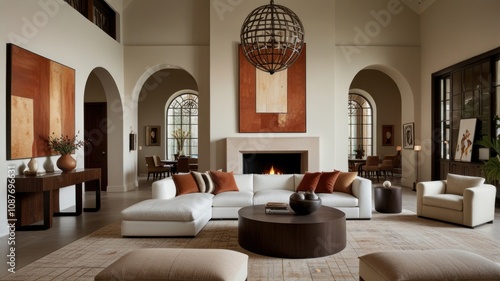 Luxurious living room with sectional sofa, fireplace, and large artwork.