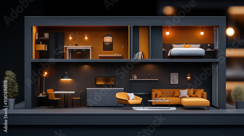 Cutaway view of a modern two-story apartment interior with orange and gray color scheme, including living room, dining area, kitchen, bedrooms, and minimalistic furniture.