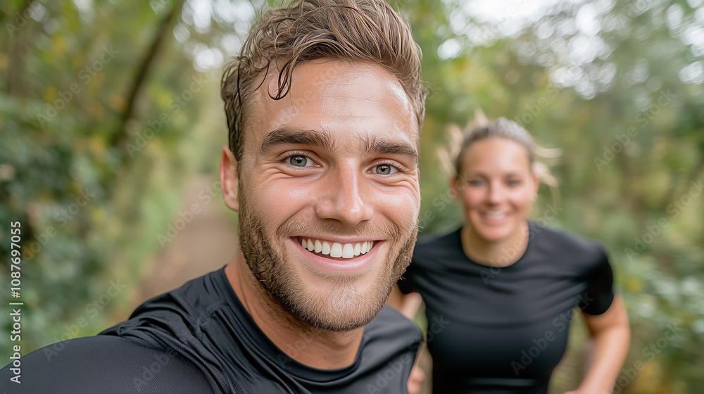 Obraz premium Young Couple Enjoying an Outdoor Run Together on a Sunny Day in a Lush Park Surrounded by Trees and Greenery, Promoting Fitness and Teamwork in Their Workout Routine