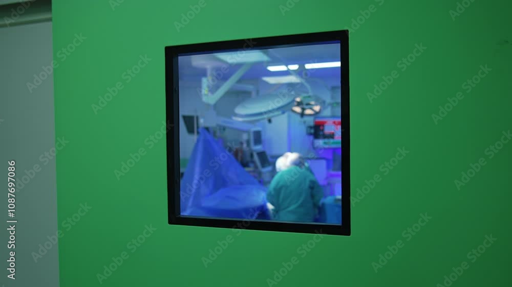 View of the operation through the window in the surgical room door. Surgical procedure in modern clinics. View of the operation through the window in the surgical room door. Surgical procedure in modern clinics.
