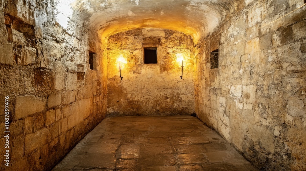 Fototapeta premium Ancient Stone Cellar with Warm Ambient Light