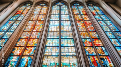Tall cathedral-style window with ornate stained glass patterns, vibrant and realistic, casting colorful light, space for copy