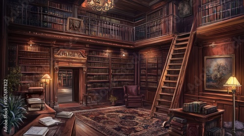 Elegant Library Interior with Wooden Shelves and Stairs