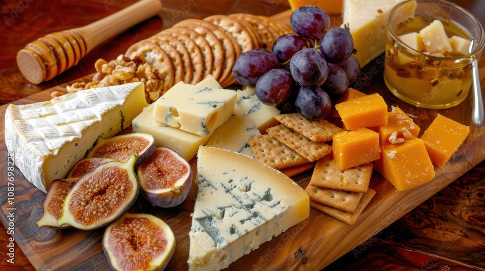 A gourmet cheese platter with an assortment of cheeses, crackers A gourmet cheese platter with an assortment of cheeses, crackers