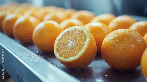 Freshly harvested oranges on a conveyor belt at a packing facility photo