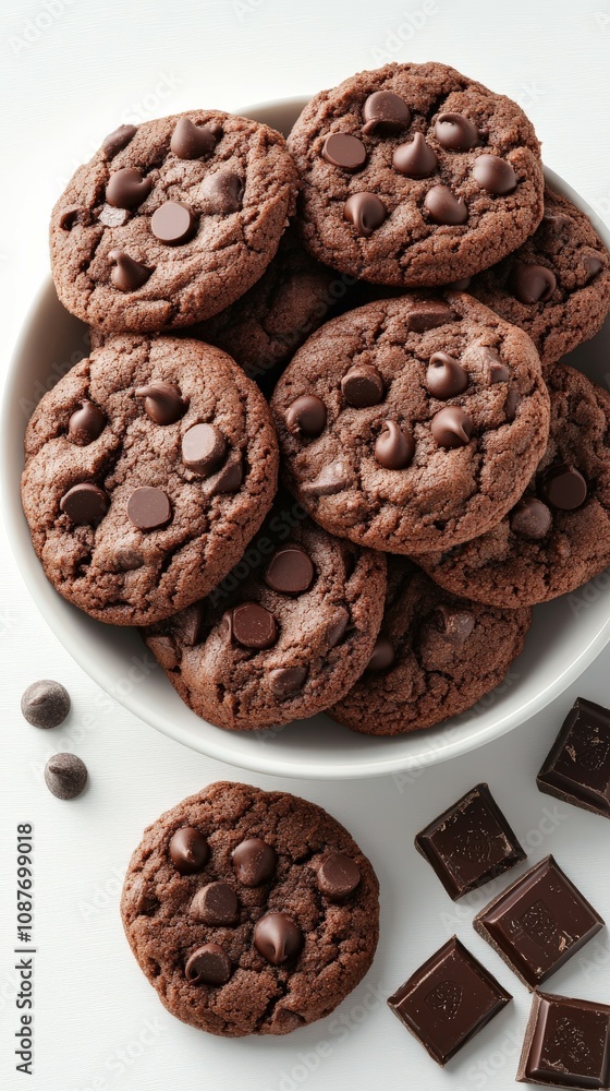 Delicious homemade chocolate chip cookies in a bowl with chocolate pieces Delicious homemade chocolate chip cookies in a bowl with chocolate pieces