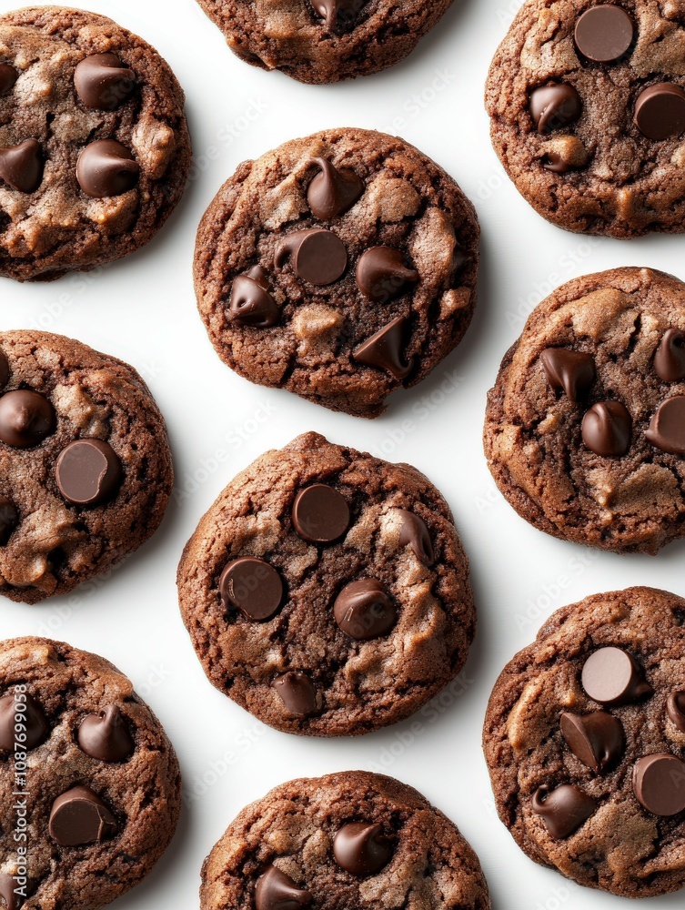Delicious chocolate chip cookies on a white background arranged neatly Delicious chocolate chip cookies on a white background arranged neatly