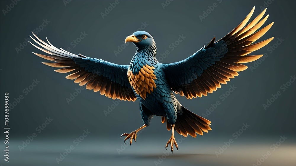 Obraz premium Majestic blue and gold eagle in flight, 3D render, powerful wings, sharp talons, dramatic lighting.