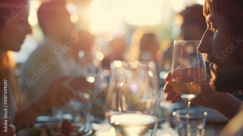 Soft blur of people sipping and nibbling in conversation.