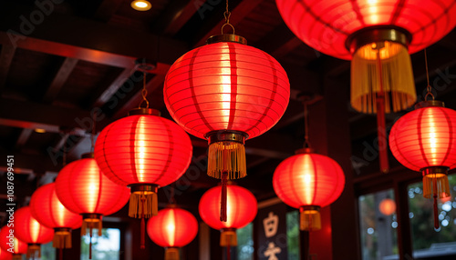 Red lanterns illuminate a festive interior during a cultural celebration at night