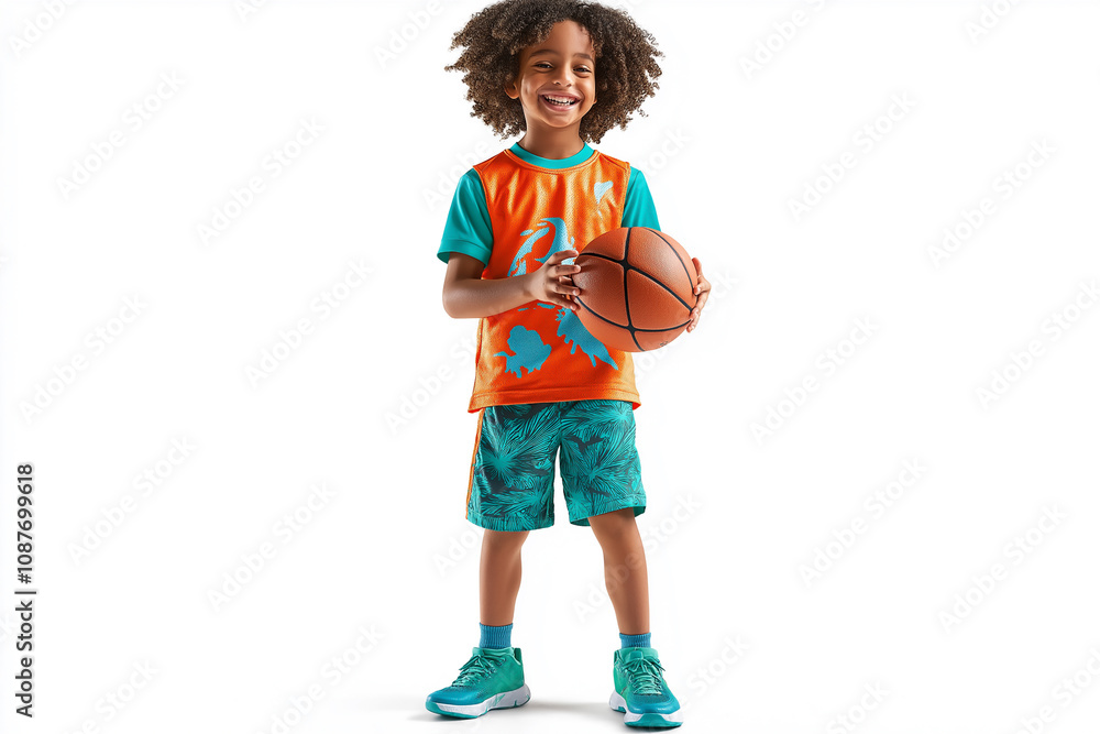 A smiling young boy holding a basketball on a solid white background A smiling young boy holding a basketball on a solid white background