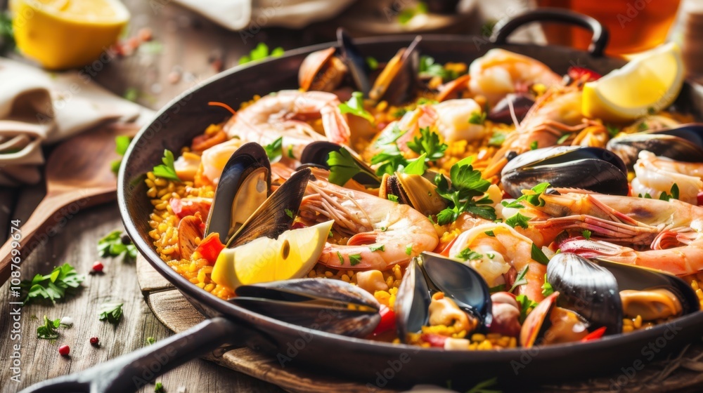 A gourmet seafood paella with a mix of shrimp, mussels A gourmet seafood paella with a mix of shrimp, mussels