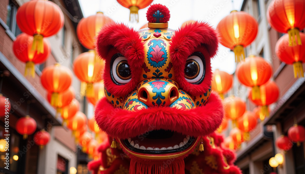 Fototapeta premium Colorful lion dance performance in a festive setting with red lanterns during a cultural celebration