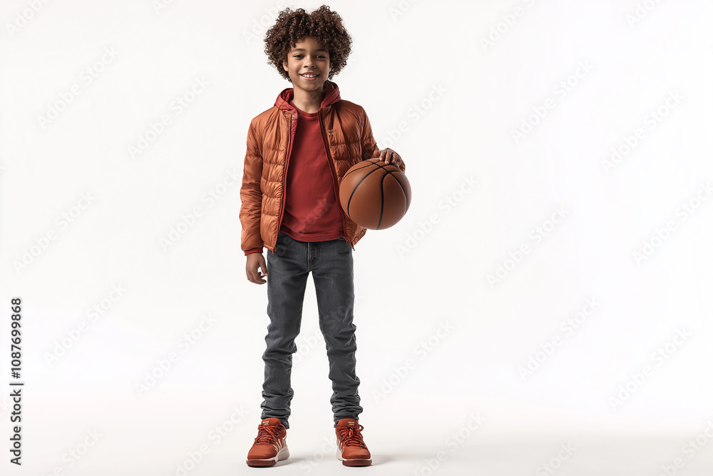 A smiling young boy holding a basketball on a solid white background A smiling young boy holding a basketball on a solid white background